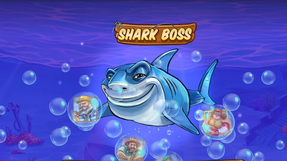 Shark Boss স্লট গেমের একটি দৃশ্য যেখানে হাঙর নৌকায় বসে মাছ ধরছে